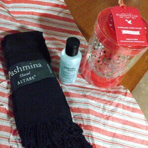Pashmina Shawl, Winterberry Lane Wine Glass, and Philosophy Snow Angel Gel